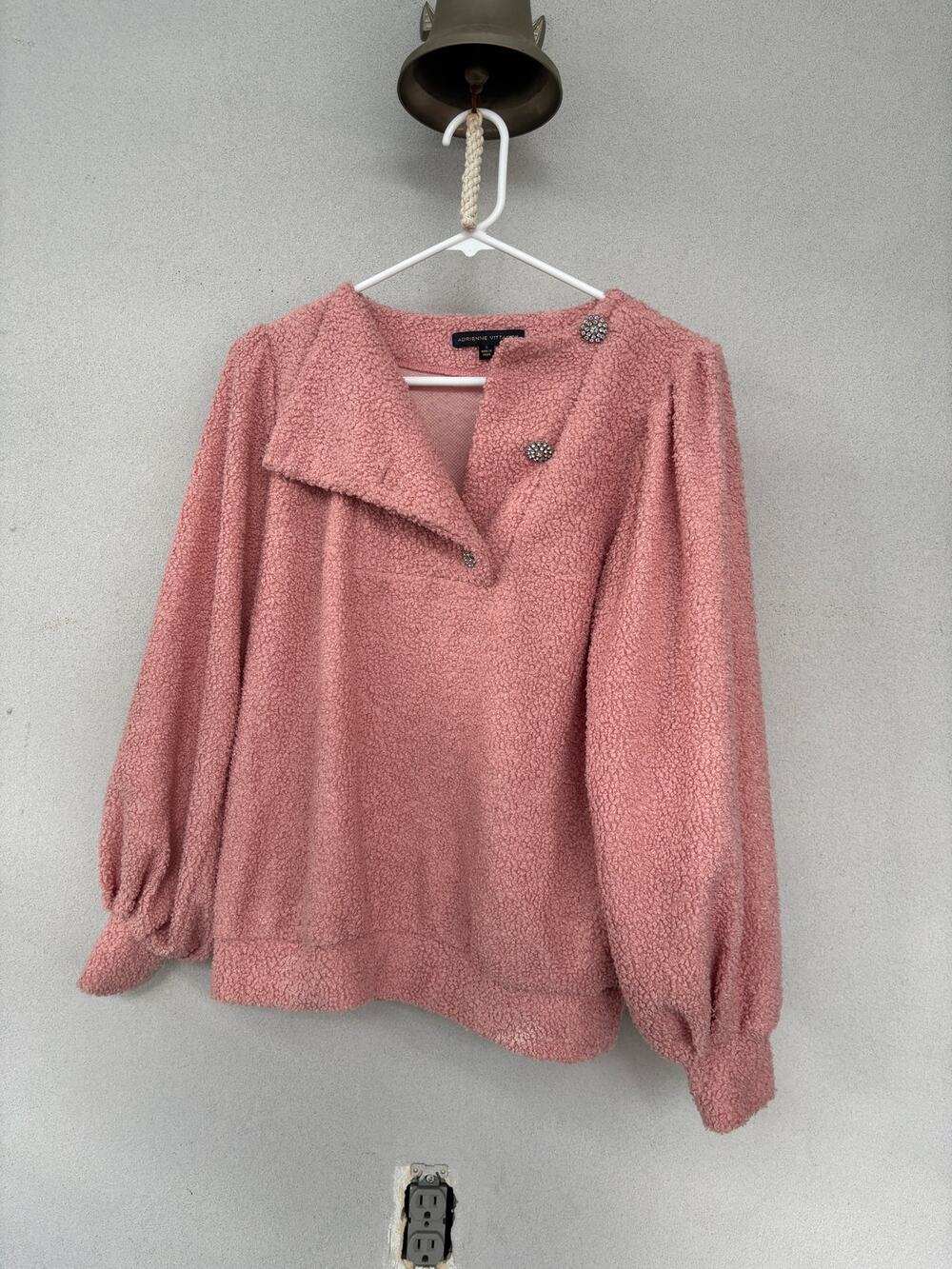 Adrienne Vittadini Rose Sherpa Sweater Asymmetric Rhinestones Whimsy Coquette